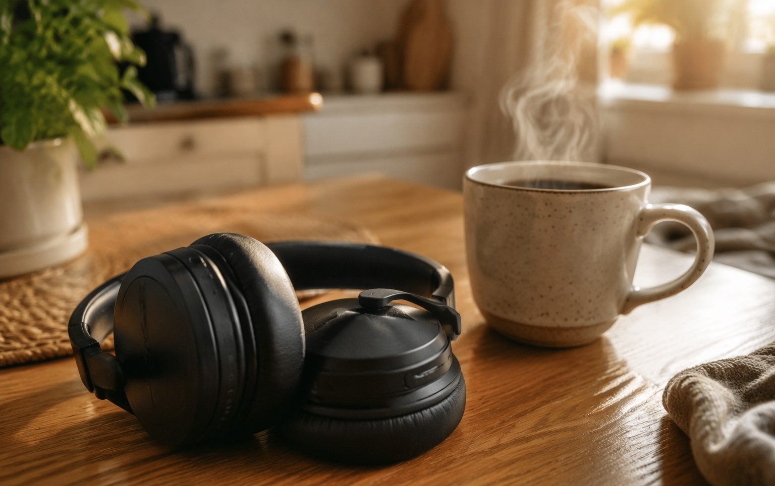 Headphones and morning tea on the kitchen table
