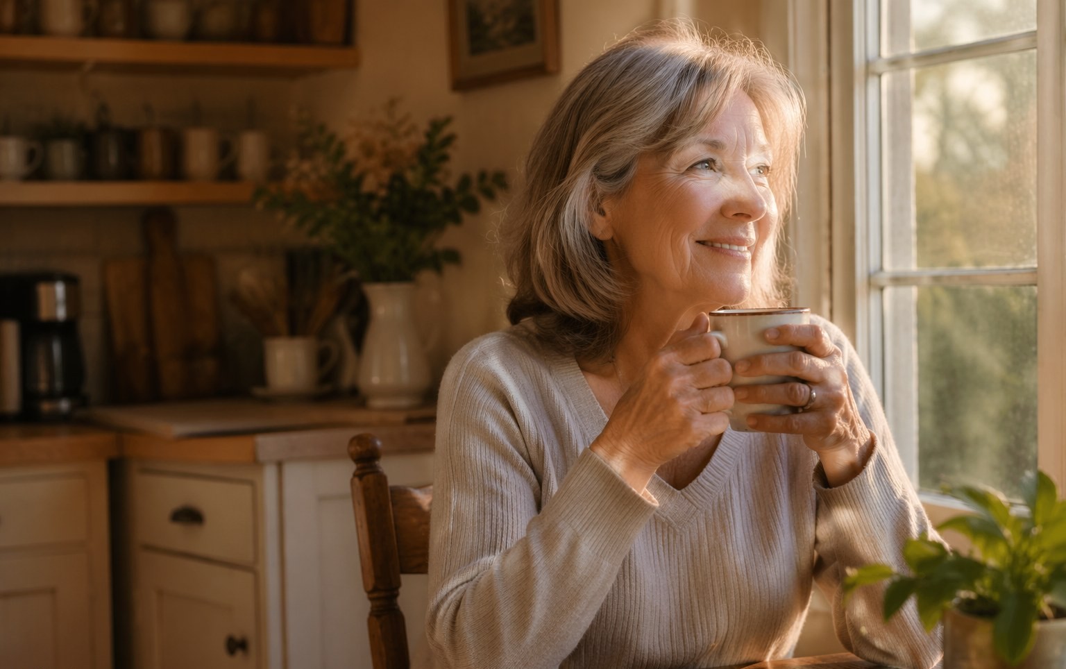 Linda at her kitchen table with morning tea